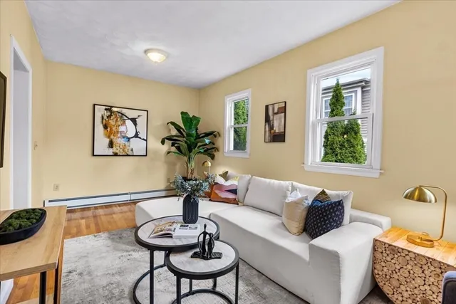 a living room with furniture and a potted plant