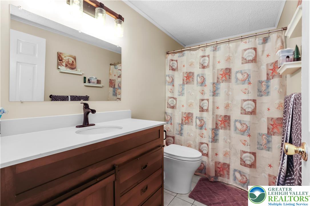 4263 Park Avenue Slatington, PA 18080 - Photo 30 of 54 a bathroom with a sink toilet a mirror and shower curtain