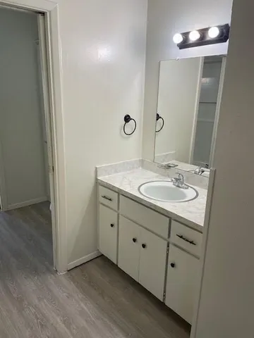 a bathroom with a sink vanity and a mirror