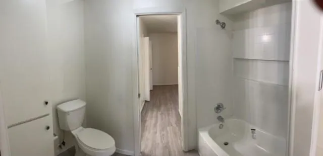 a bathroom with a toilet and a bathtub