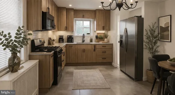 a kitchen with a refrigerator stove and sink