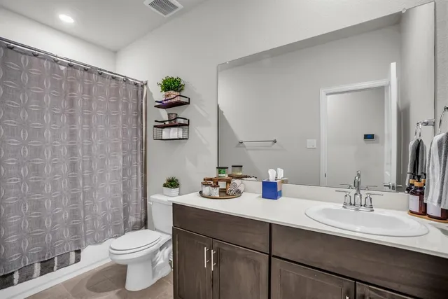 a bathroom with a sink a toilet and shower curtain