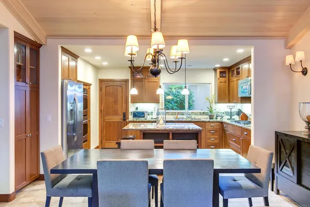 a view of a dining room with furniture window and outside view