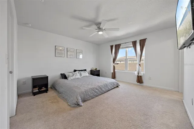 a bedroom with a bed and a ceiling fan