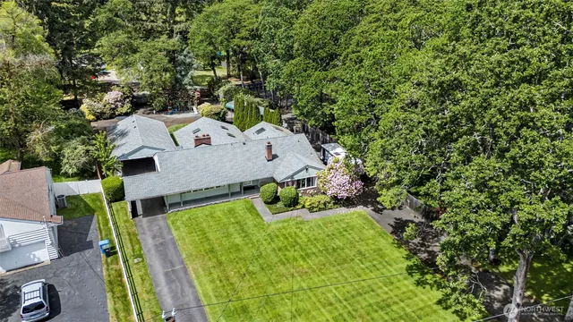 an aerial view of a house with garden