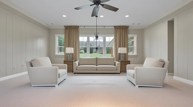 a living room with furniture and a chandelier