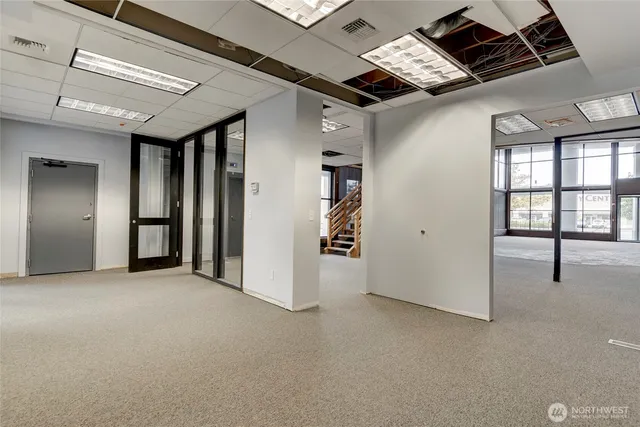 a view of a livingroom with a large window