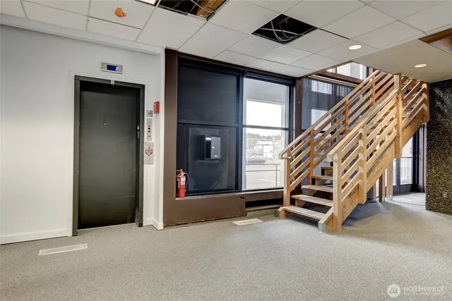 a hallway with seating