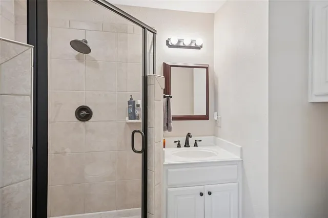 a bathroom with a shower sink and mirror