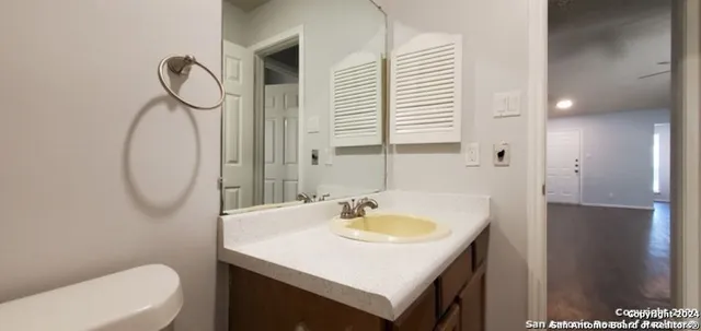 a bathroom with a sink a toilet and a mirror
