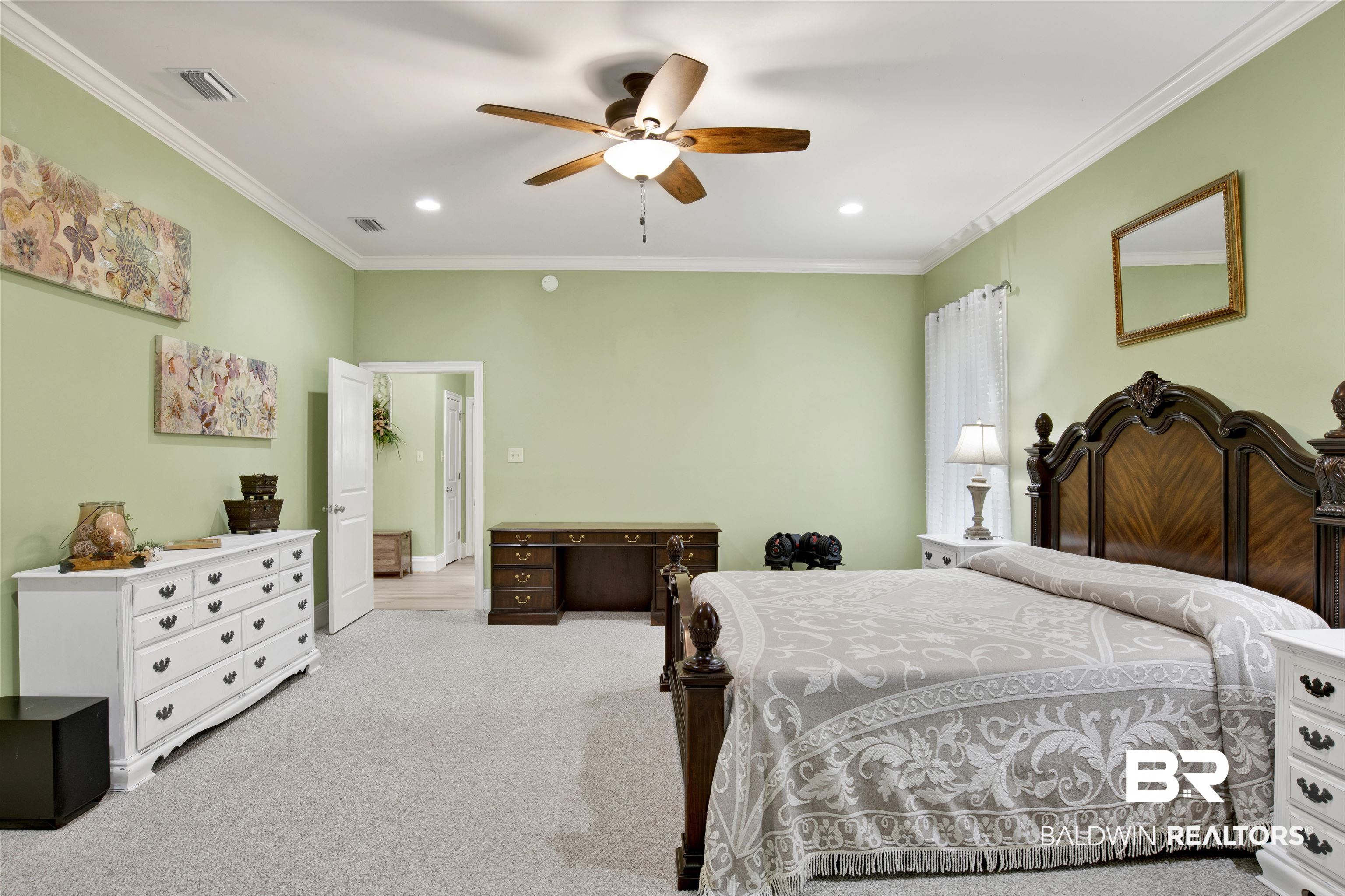 4340 Hamilton Oaks Lane Mobile, AL 36695 - Photo 26 of 51 Bedroom featuring ornamental molding, carpet floors, and ceiling fan