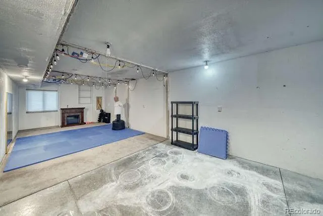 a view of a dry yard with trees