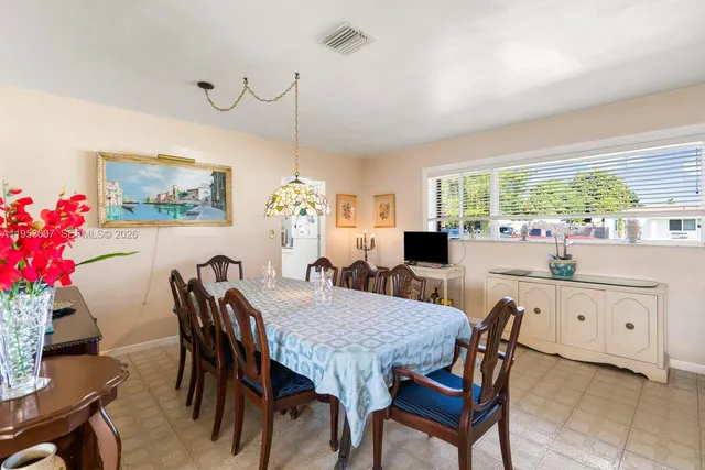 a view of a dining room with furniture window and outside view