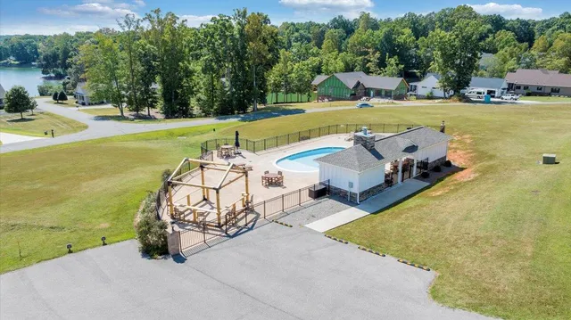 an aerial view of a swimming pool