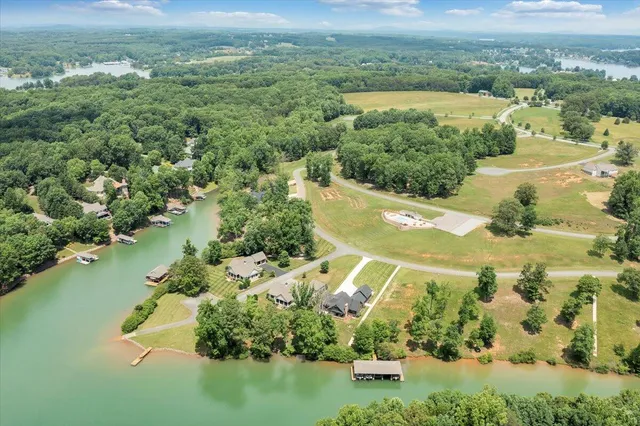 an aerial view of a swimming pool