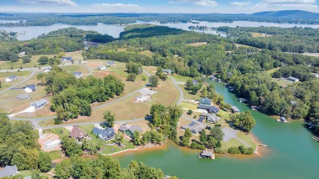 an aerial view of residential houses with outdoor space and trees
