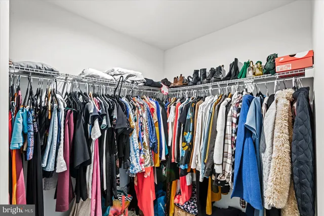 a view of walk in closet with clothes