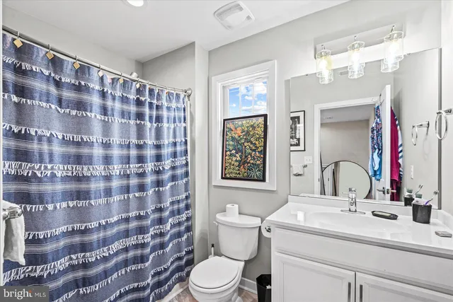 a bathroom with a sink a toilet and shower curtain