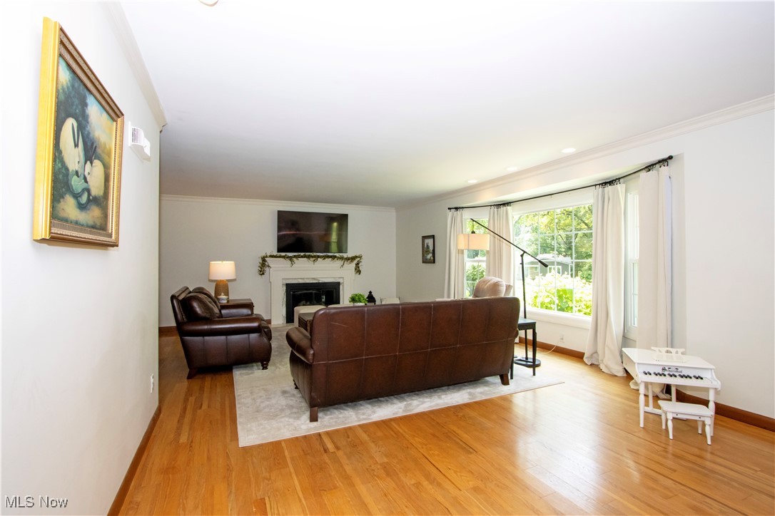 416 East Beverly Road Wooster, OH 44691 - Photo 11 of 36 Living room featuring light wood-style floors, ornamental molding, a fireplace, and baseboards