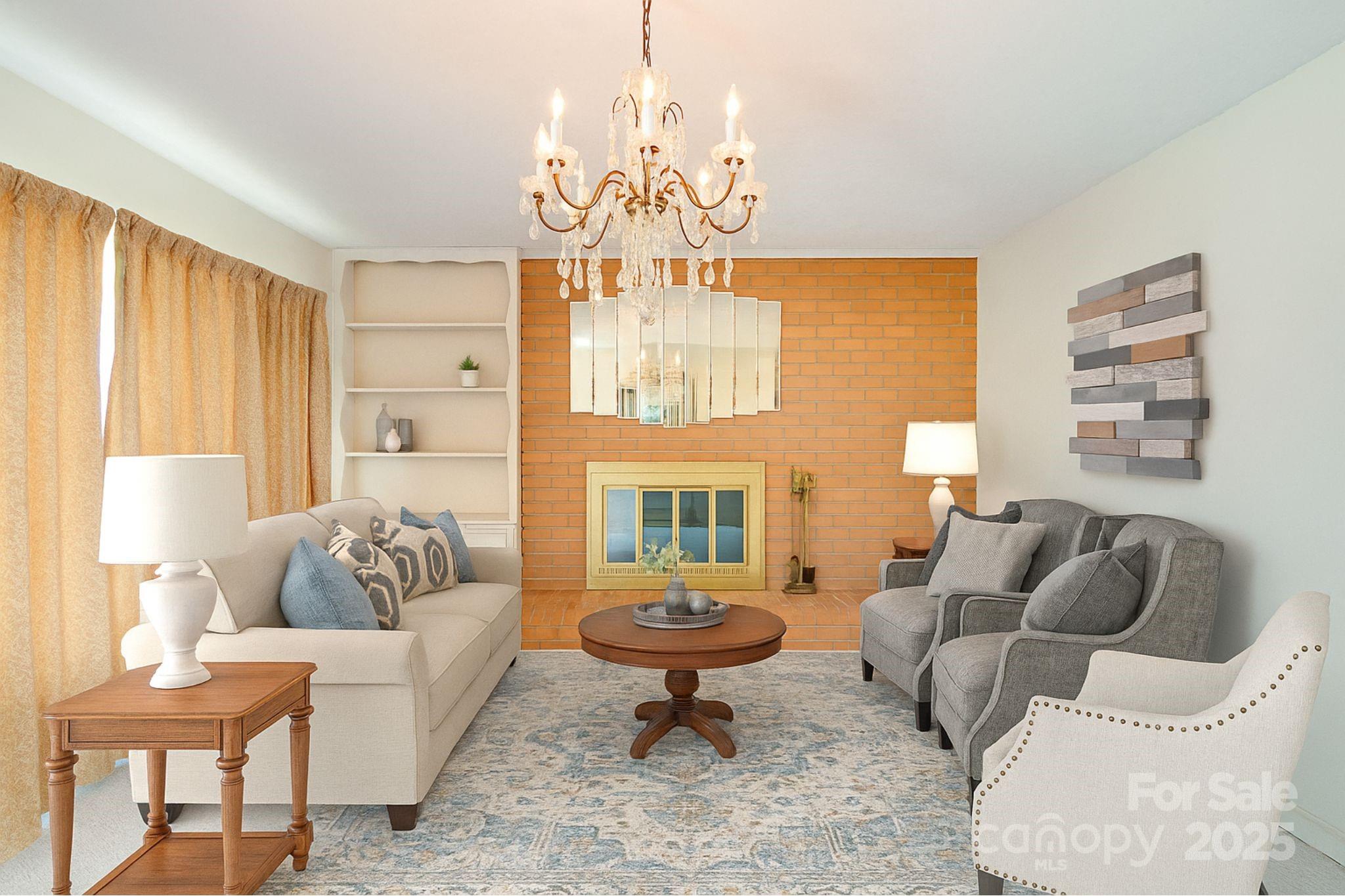 2319 Tin Mine Road Lincolnton, NC 28092 - Photo 7 of 30 a living room with furniture a fireplace and a chandelier
