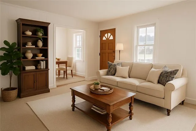 a living room with furniture a rug and a window
