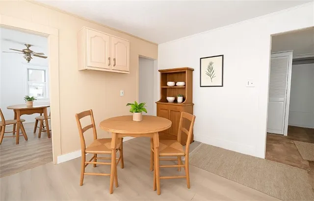 a view of a dining room with furniture