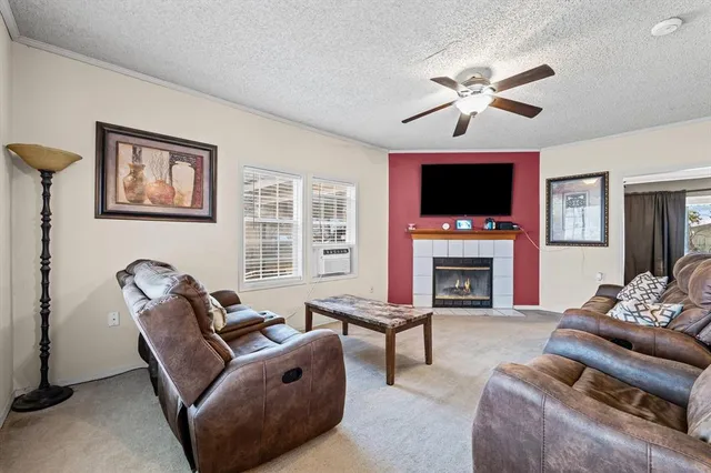 a living room with furniture a fireplace and a flat screen tv