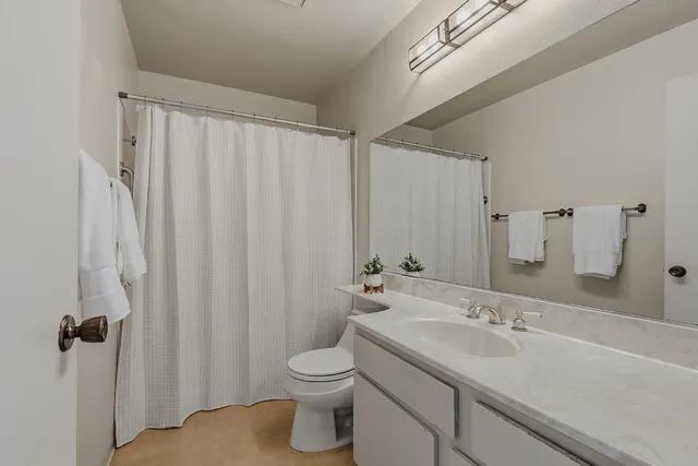 a bathroom with a sink a toilet a mirror and shower curtain