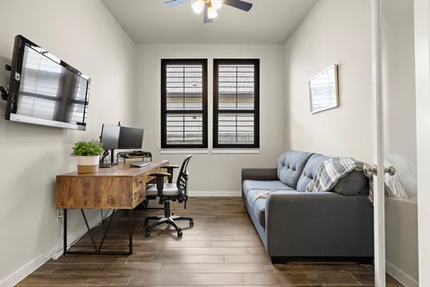 a living room with furniture and a potted plant
