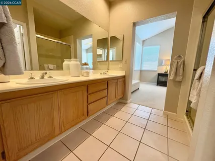 a spacious bathroom with a double vanity sink mirror and a shower