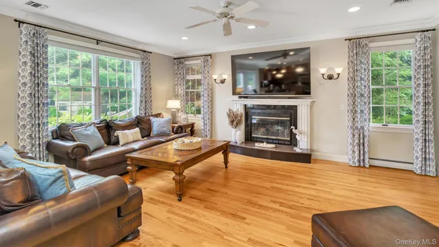 a living room with furniture and a fireplace