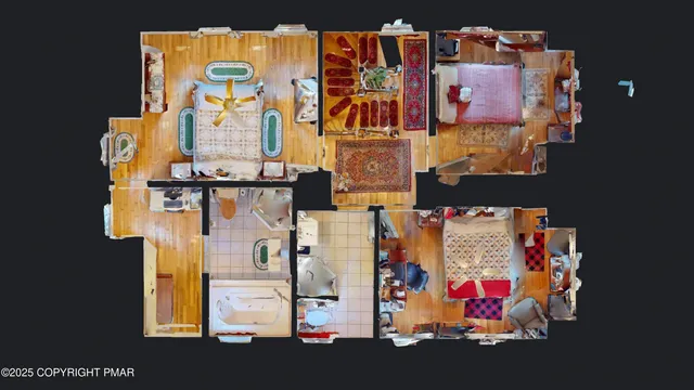 a living room with furniture and a mirror