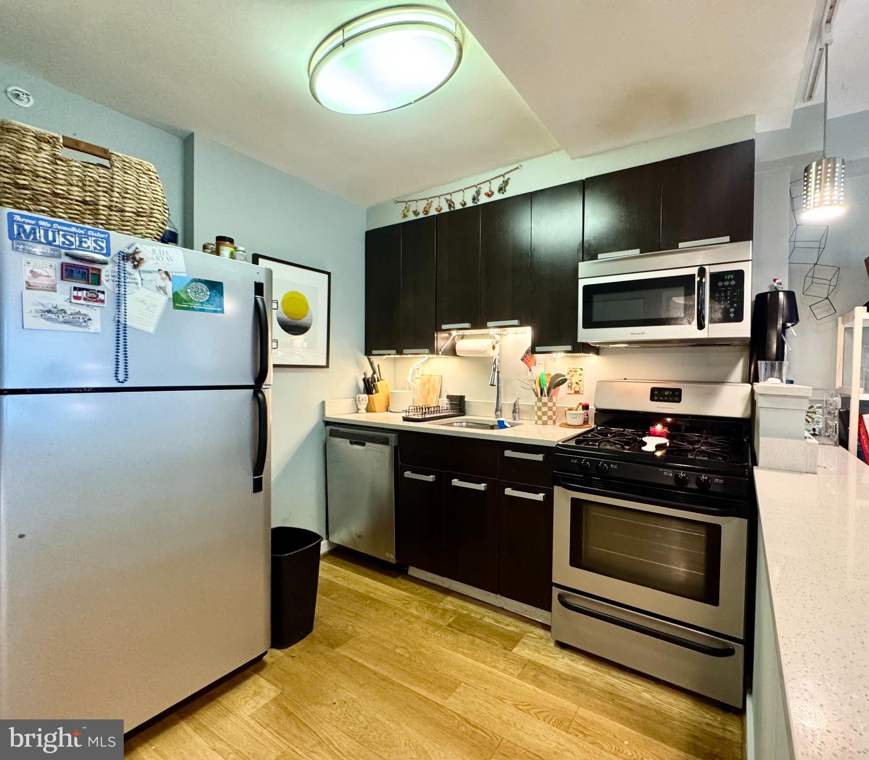 1101 3rd Street Southwest, Unit 509 Washington, DC 20024 - Photo 15 of 28 a kitchen with stainless steel appliances granite countertop a stove refrigerator and microwave