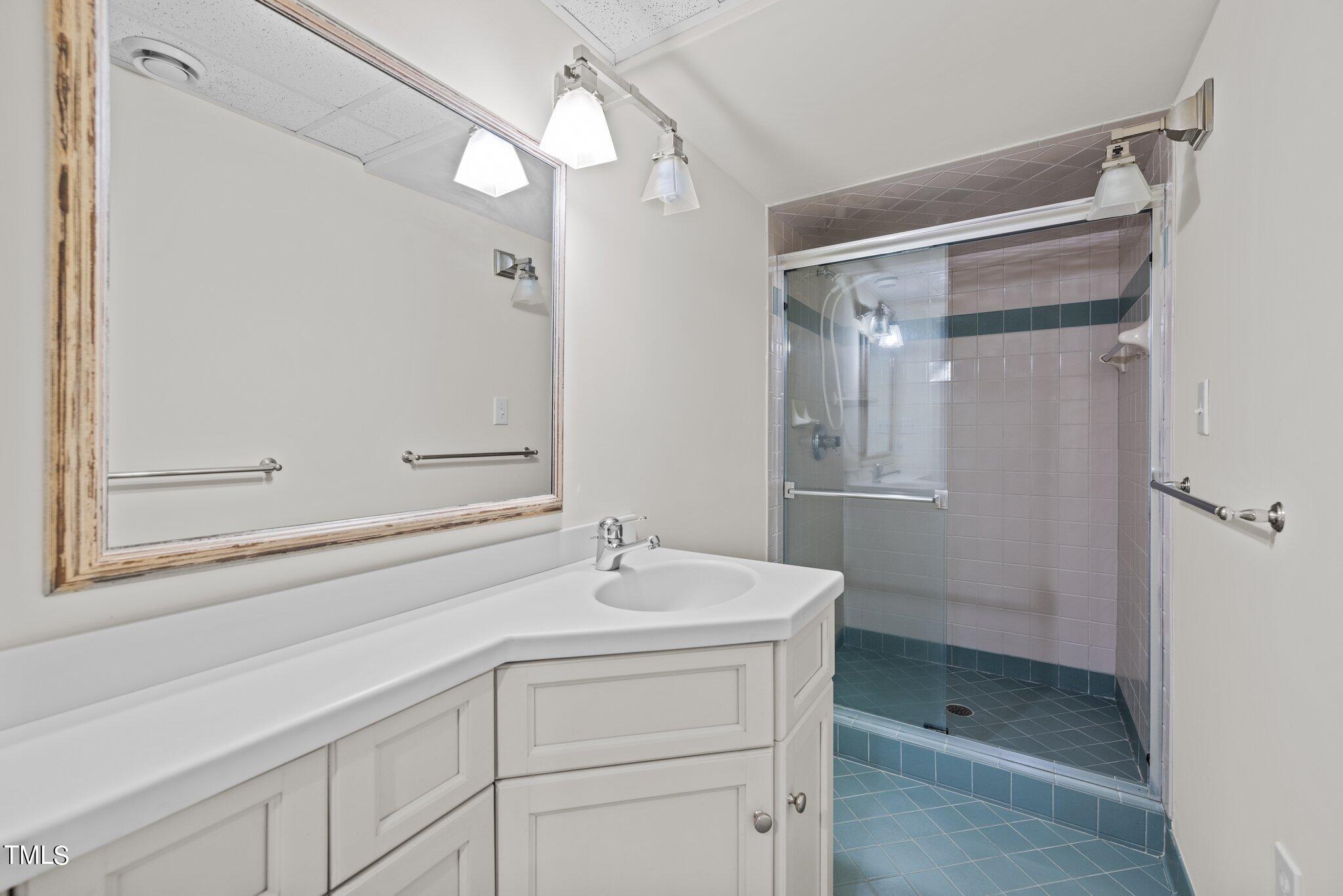 3608 Dover Road Durham, NC 27707 - Photo 52 of 58 a bathroom with a sink a light fixture and a mirror