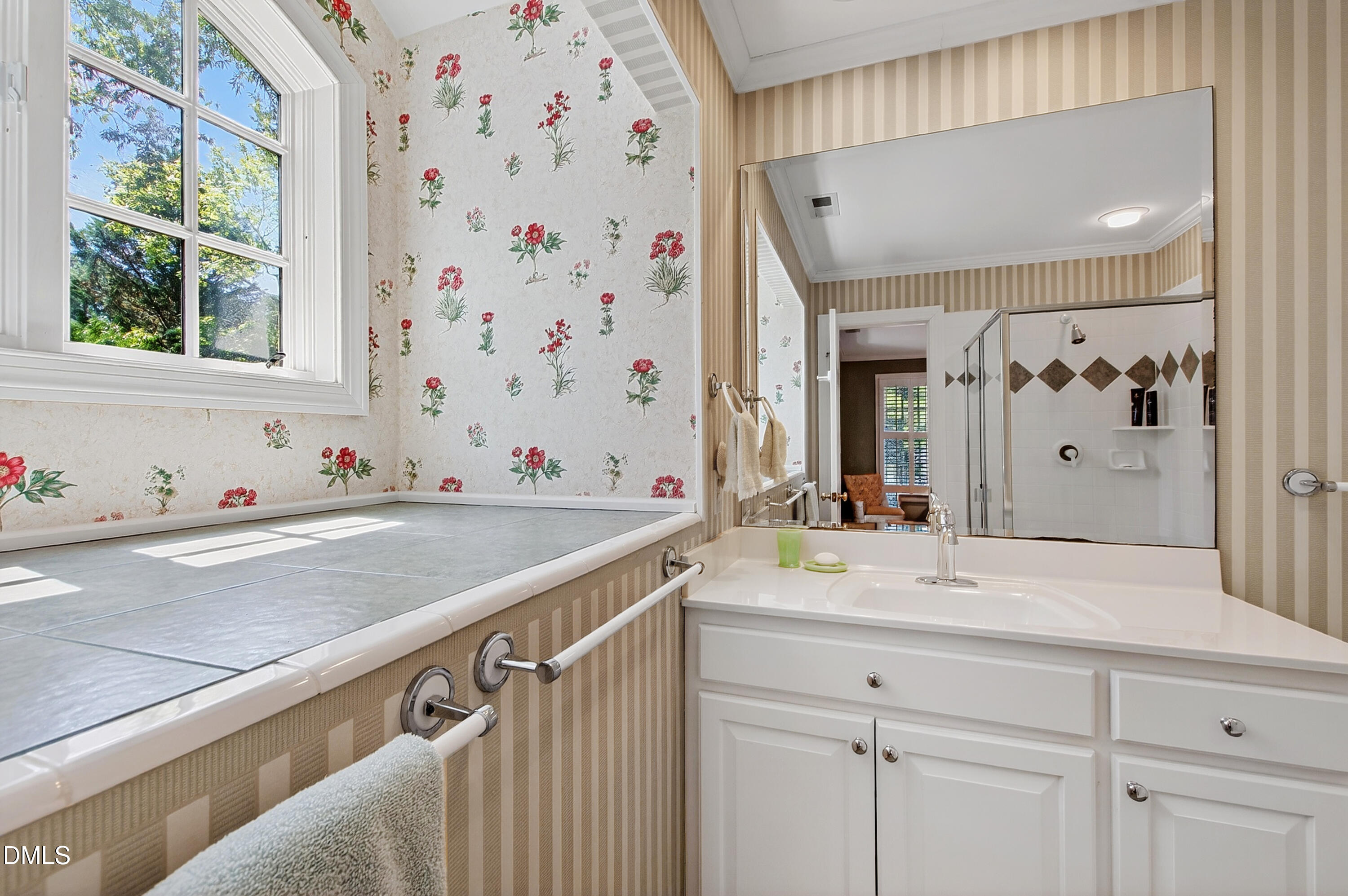 3708 Lubbock Drive Raleigh, NC 27612 - Photo 43 of 64 a bathroom with a granite countertop sink and a mirror