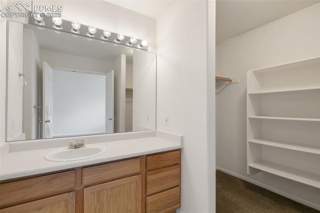 5679 Sunshade Point Colorado Springs, CO 80923 - Photo 15 of 30 a bathroom with a sink and a mirror