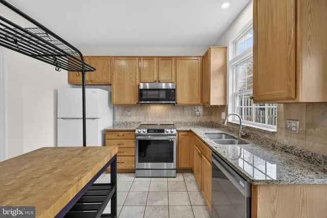 a kitchen with stainless steel appliances granite countertop a stove a sink and a microwave