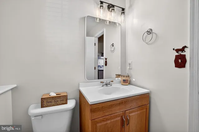 a bathroom with a sink vanity and toilet