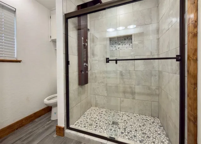a bathroom with a shower and toilet