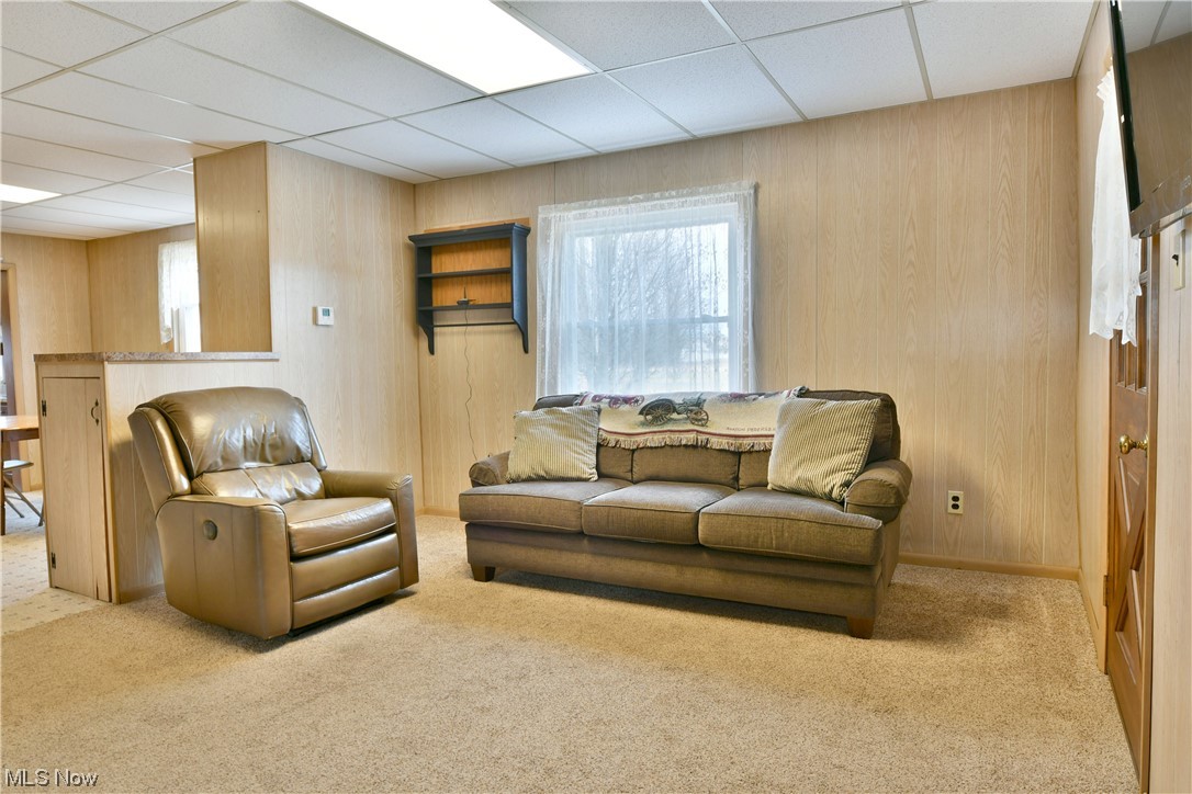 2713 Ridge Road Cortland, OH 44410 - Photo 20 of 35 Living room featuring light carpet, a drop ceiling, and wood walls