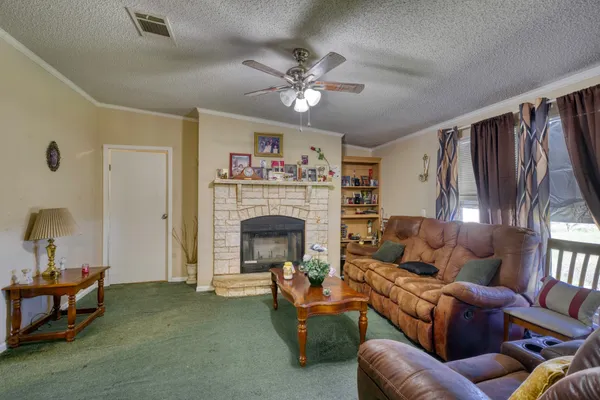 a living room with furniture and a fireplace