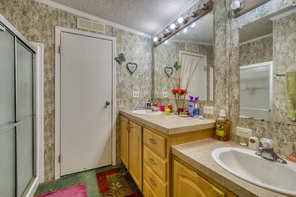 a bathroom with a sink vanity mirror and a shower