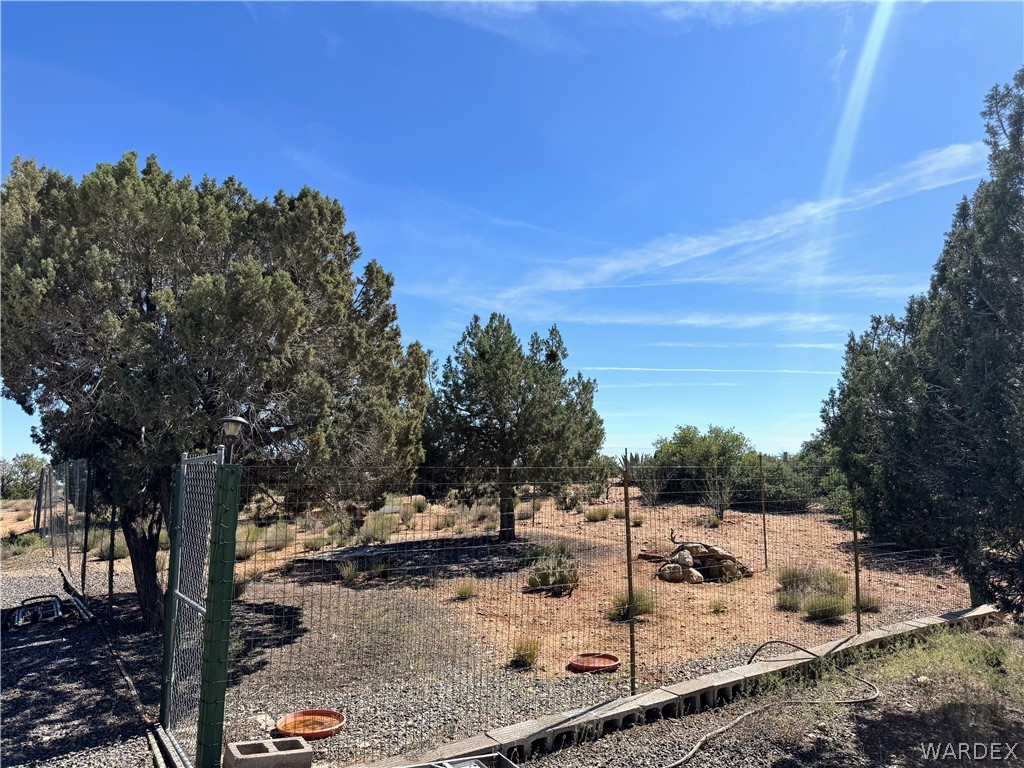 1575 South Roy Road Kingman, AZ 86401 - Photo 25 of 56 The property features a fenced yard for a garden or animals with mature trees and natural landscaping