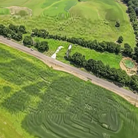 a view of a green field with an ocean view