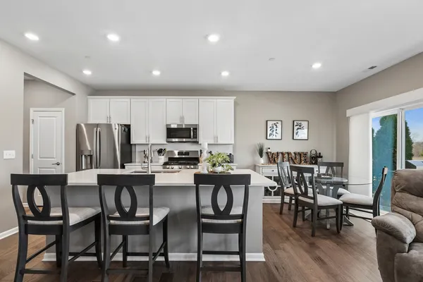 a view of a dining room with furniture