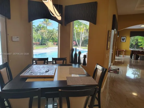 a view of a dining room with furniture window and outside view