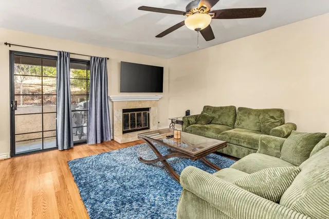 a living room with furniture a flat screen tv and a fireplace