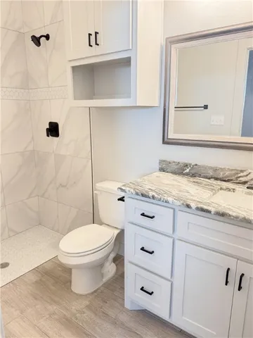 a bathroom with a granite countertop toilet sink and mirror