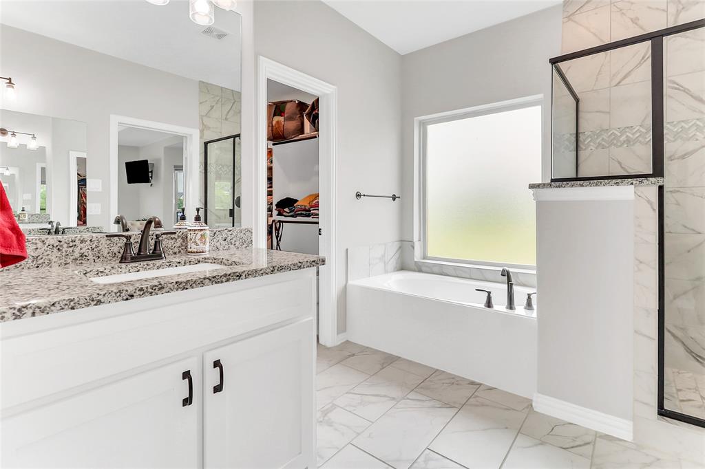 3425 Cotton Mill Road Celina, TX 75009 - Photo 32 of 40 a spacious bathroom with a granite countertop sink and a bathtub