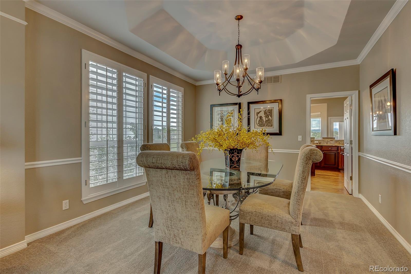 456 West Angus Way Highlands Ranch, CO 80129 - Photo 6 of 40 a view of a dining room with furniture and chandelier